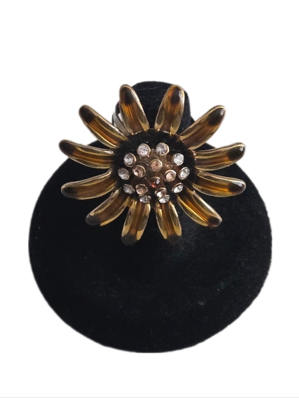 Gold Tone Sunflower Rhinestone Statement Ring Adjustable Floral Boho